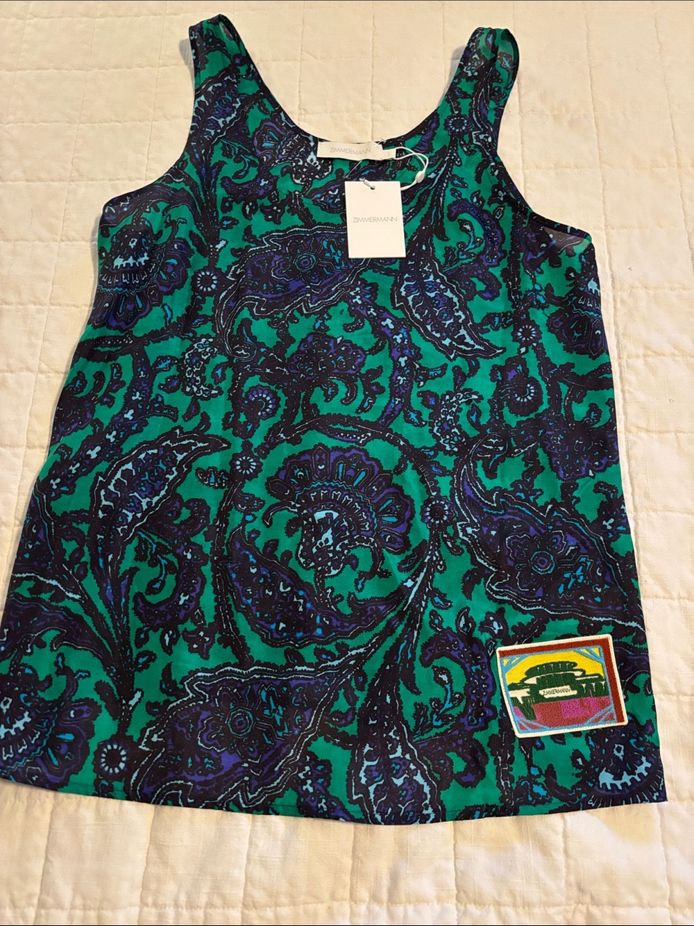 Zimmermann Green and Navy Paisley Camisole-Style Top